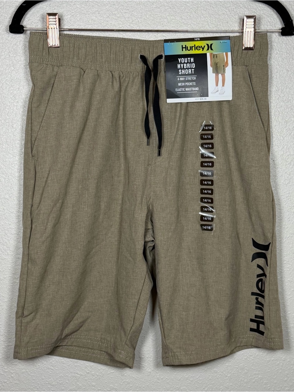 Hurley Boys Hybrid 4 Way Stretch Shorts Beige 14/16 Elastic Waist Sporty Casual